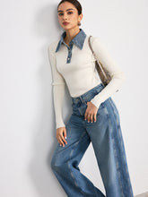 Denim Collar Wool Blend Knit Top